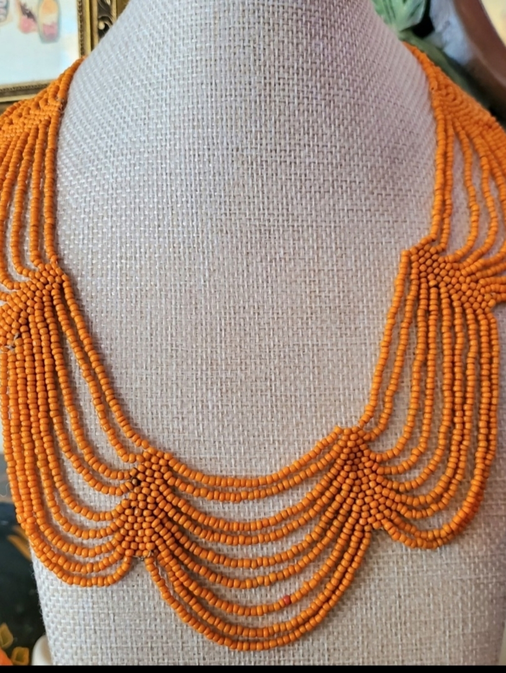Vintage Necklace Orange Scallop Seed Bead Bib 70s Unique